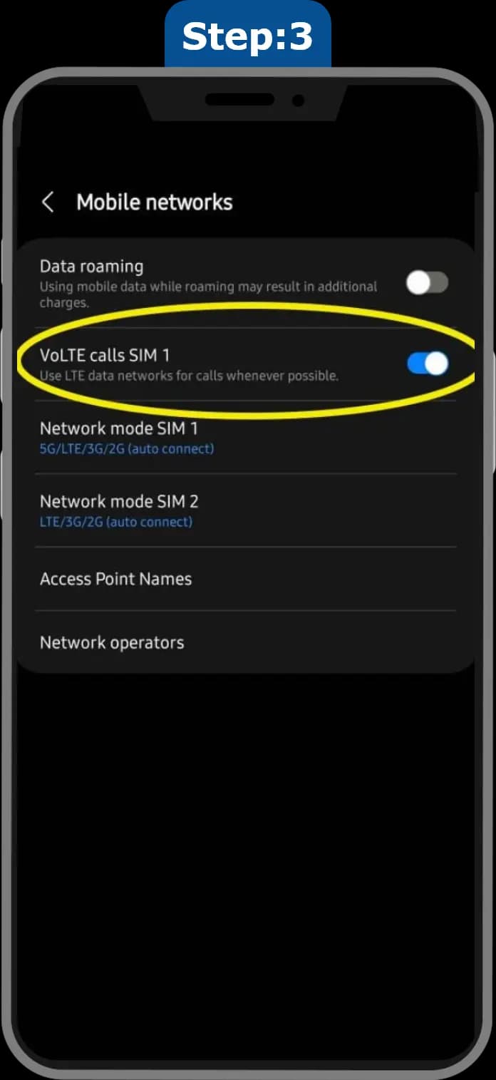 Android mobile networks VoLTE calls screen
